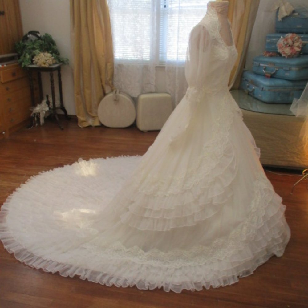 50s Organza Ruffle Wedding Dress gown Vintage - Picture 2 of 8
